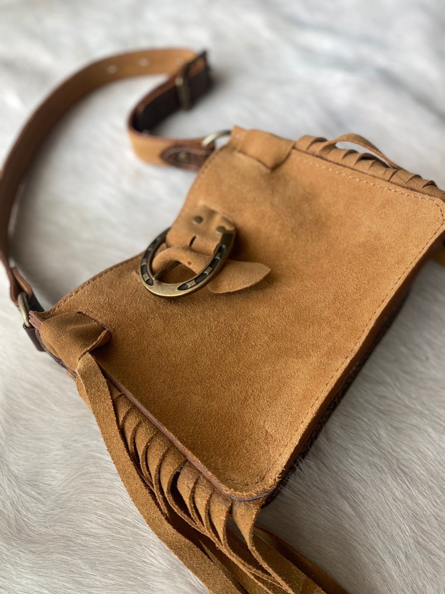 Tan Suede Horseshoe buckle belted Mini tote - LovLeathers