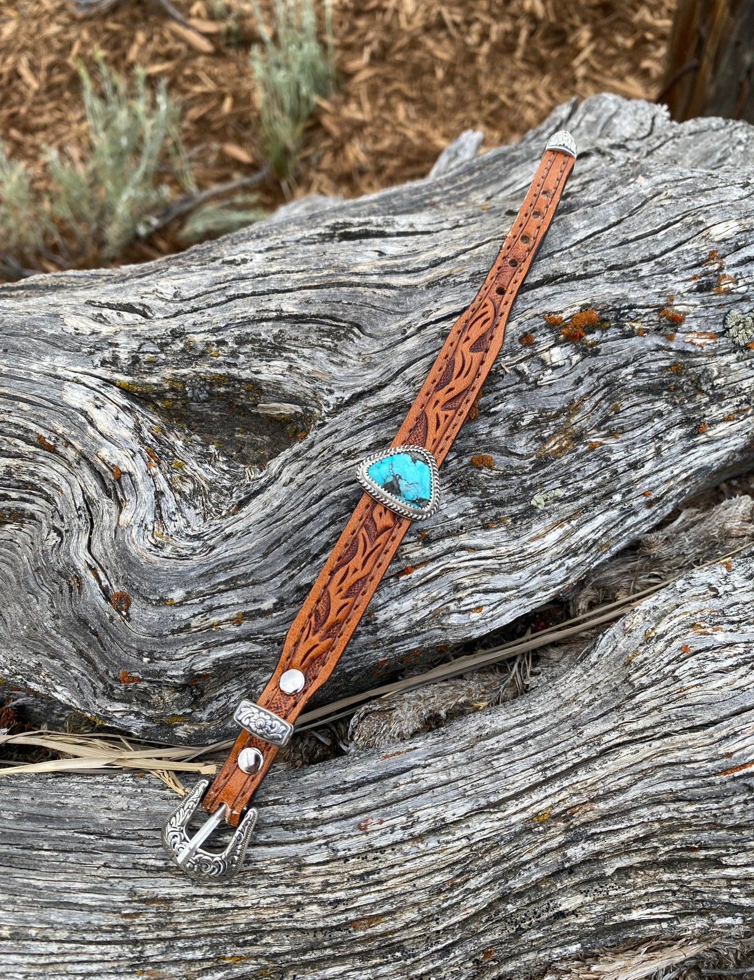 Tooled Leather and Turquoise Bracelet - LovLeathers