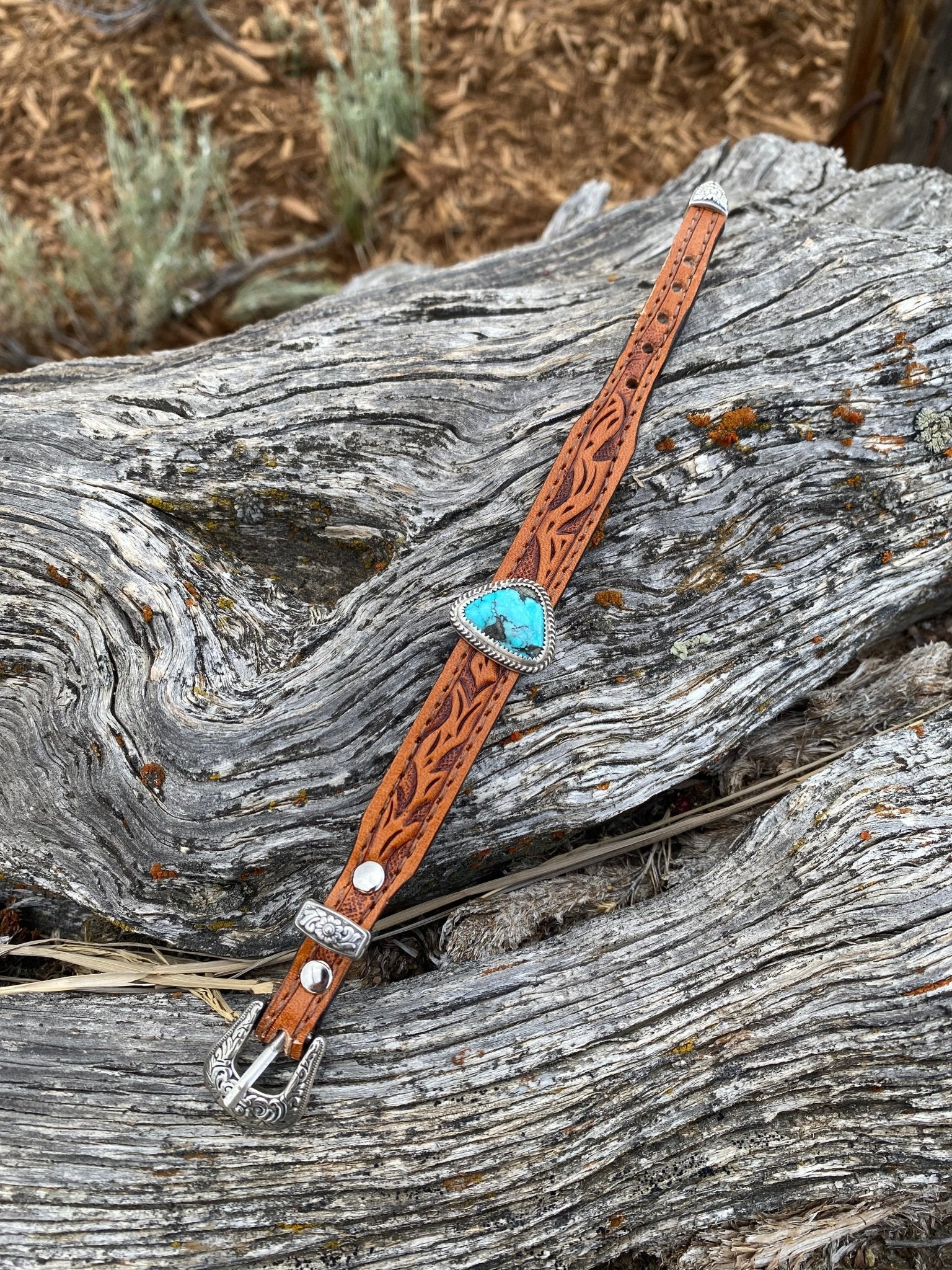 Tooled Leather and Turquoise Bracelet - LovLeathers