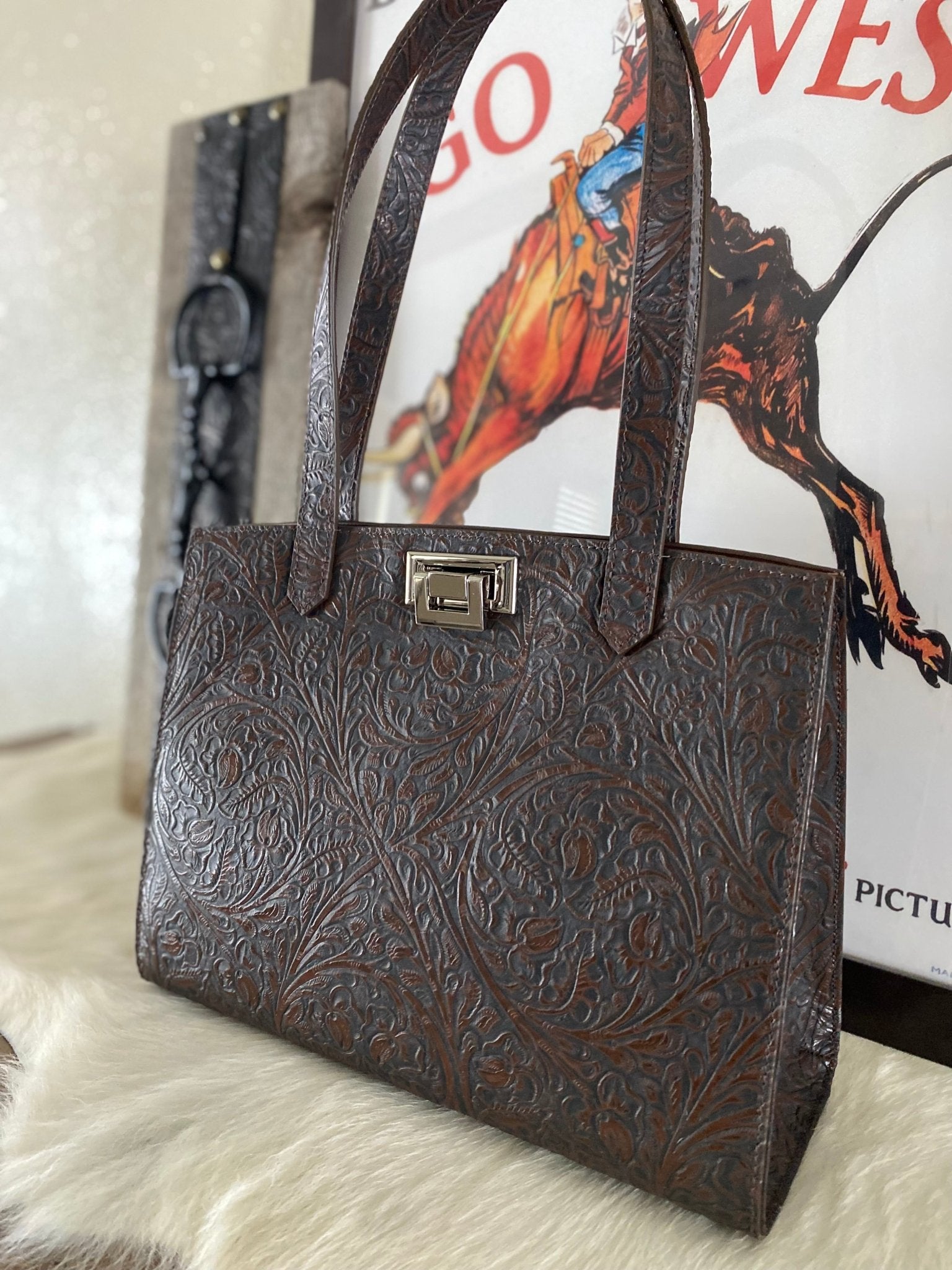 Brown Western Tool Embossed Tote Bag - LovLeathers
