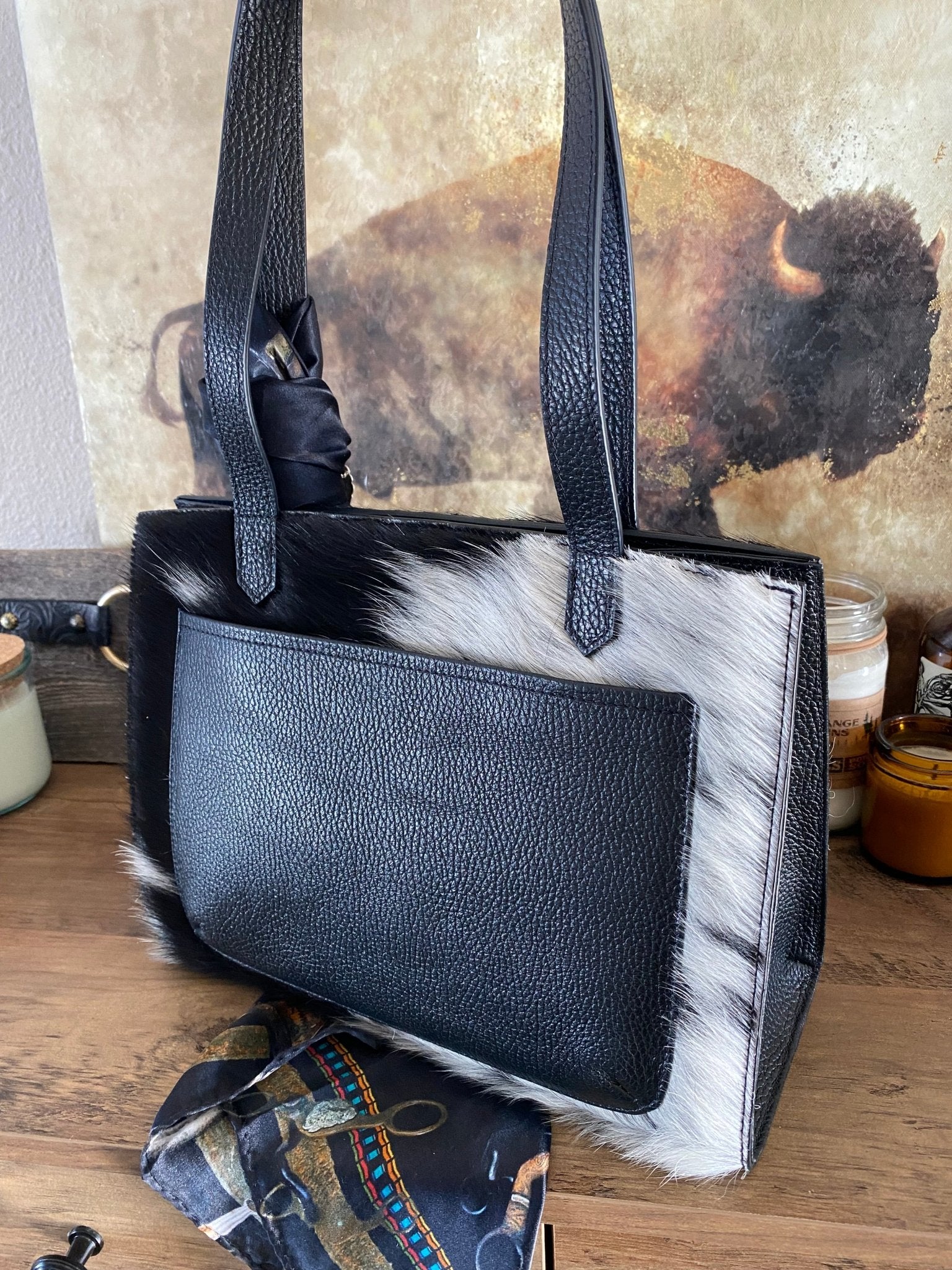 Black/White Speckled Tote Bag Styled - LovLeathers